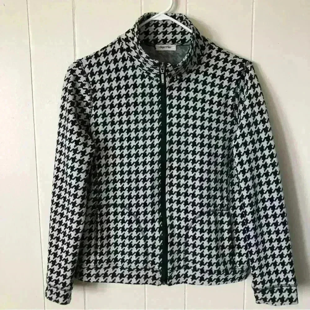 Ongue Petite Zip Up Houndstooth Cotton Blend Jacket Size M